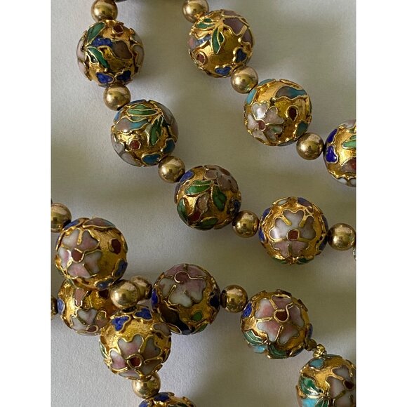 Vintage Hand-Painted Cloisonné Beaded Necklace With Gold Accents - Floral Design - Picture 6 of 7